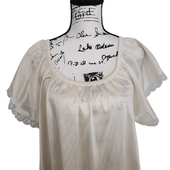 Vintage 80s Satin Lace Slip Dress Nightgown Cream Sleep Dress Scoop Neck Nightie - Picture 5 of 11
